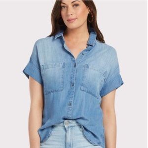 Cloth & Stone Chambray Cap Sleeve Shirt Top Size Small Button Up Chest Pockets